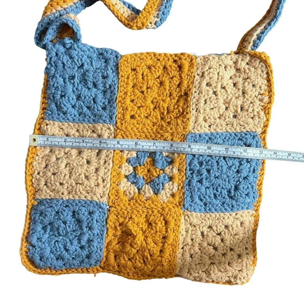 Handmade Crochet Granny SquareTote Bag Yellow Blue‎ Boho Granola Cottagecore